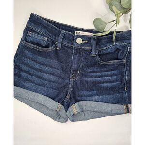 SO High Rise Denim Shorts 3/26 Dark Wash Cuffed Shortie Y2K Stretch